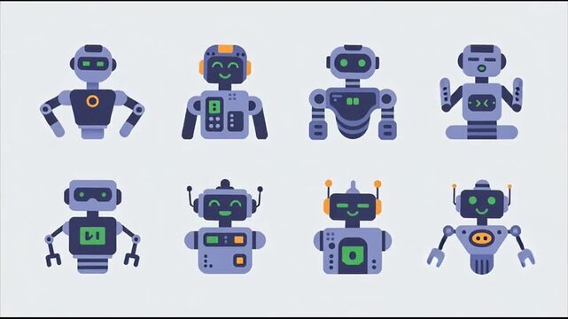 Eight different robots on gray background.