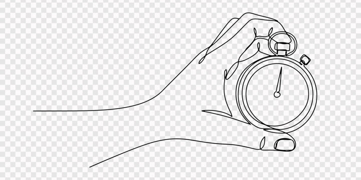 Hand holding stopwatch in continuous line drawing. Timing and sports measurement concept, Continuous line of hand holding alarm clock, counting, measure, watch, equipment, time, accuracy, alarm, inter