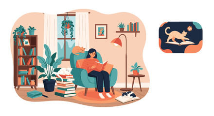 Fototapeta premium Woman relaxing in a cozy living room sitting in an armchair and reading a book surrounded by cats and indoor plants.