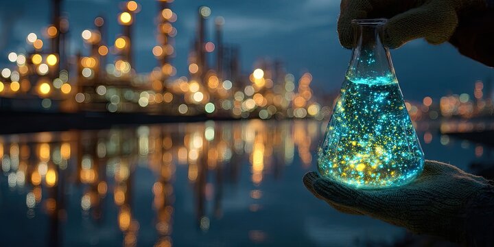 Hand holds glowing flask of blue liquid and particles against industrial nightscape