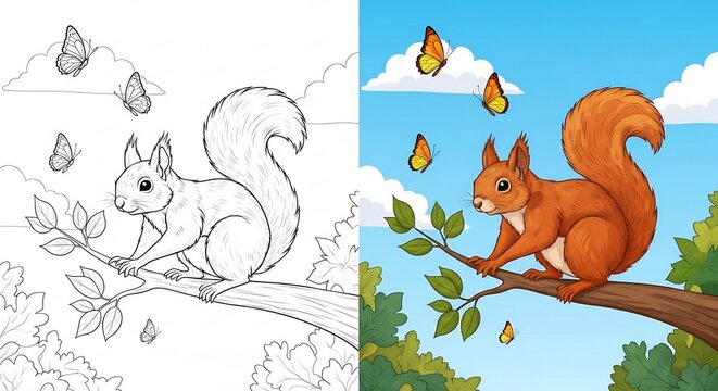 Cute Squirrel Sitting on a Tree Branch with Butterflies Flying Around.