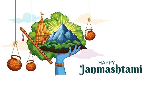 Janmashtami illustration krishna's birth celebration with temple mountains and divine hand