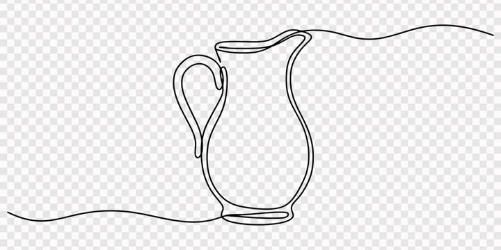 a pitcher on a plain continuous one line drawing, transparent background. Pitcher drawn in continuous line sitting on plain white background, none editable strokes, Continuous line drawing of a ceram.