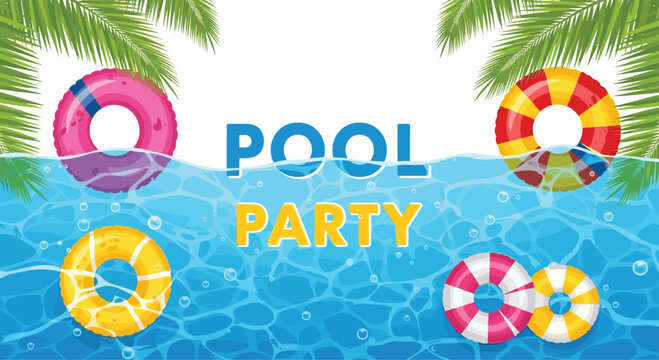 Colorful pool party background with floating swimming rings and palm leaves over clear blue water surface.