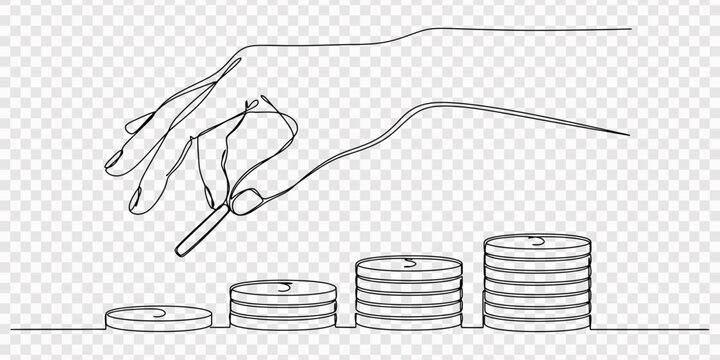 Enkelt kontinuerlig linje tegning trin af m&oslash;nter stakke continuous one line drawing, transparent background, Begrebet for at spare penge og investere afkast. En linje tegn vektor. Stacks of coins of.
