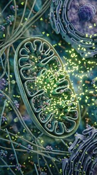 Mitochondrion, intricate cellular organelle exhibiting energy production, internal cristae folding, generating adenosine triphosphate molecule, vital biological process sustaining metabolism.