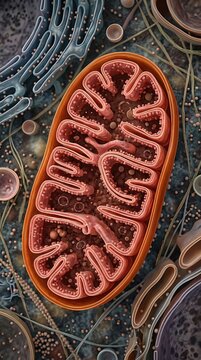 Mitochondrion, vital eukaryotic organelle producing cellular energy through aerobic respiration, featuring inner membrane crista, matrix, and intermembrane space, central process of metabolism.
