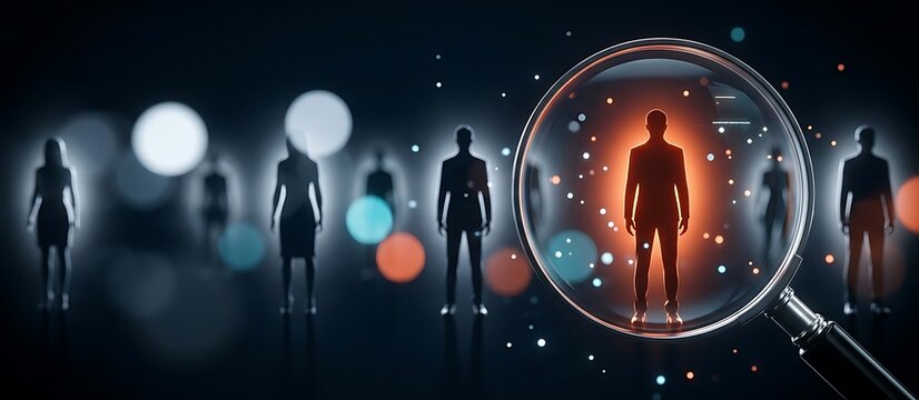 Magnifying glass focuses on glowing silhouette of standout candidate amidst blurred business professionals in abstract digital search concept.