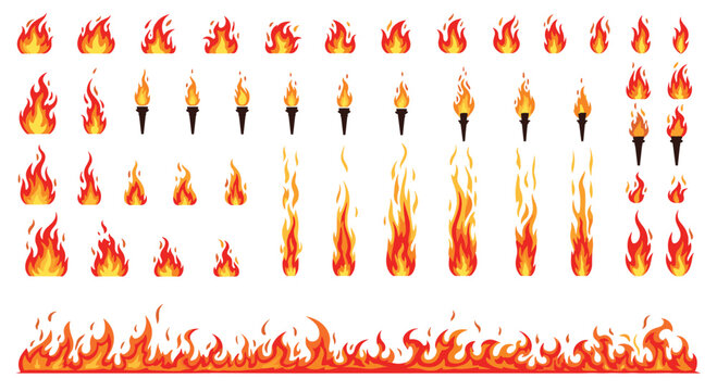 Diverse collection of pixel art fire and flame elements including torches and a horizontal fire line on white.