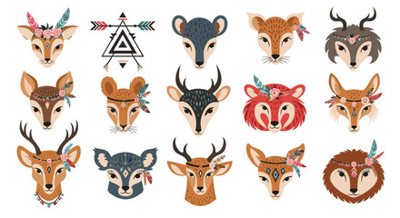 Fototapeta premium Tribal style animal heads decorated with feathers and flowers including deer, wolf, fox, lion, and forest creatures.