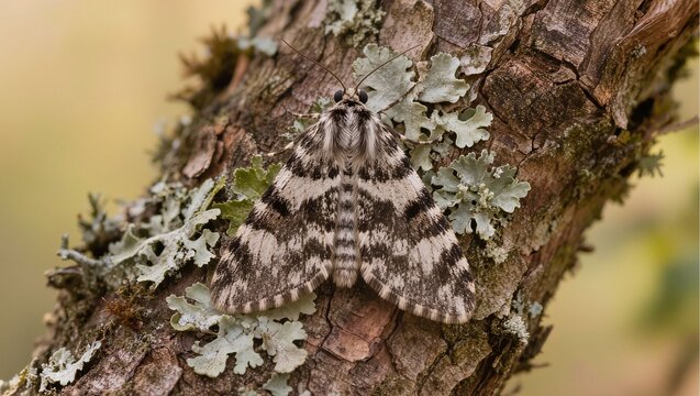 Peppered moth camouflaged on a lichen covered tree trunk in natural forest habitat