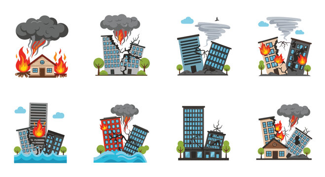 Set of disaster icons showing buildings affected by fire, floods, tornadoes, and earthquakes for emergency awareness.