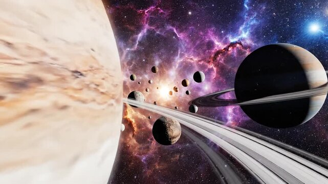 Cosmic nebula with ringed planets and asteroids in space