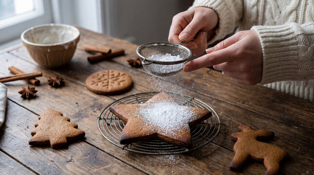 Hands dusting powdered sugar over gingerbread cookies on rustic table