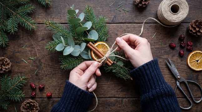Hands tying natural Christmas centerpiece with evergreen branches and cinnamon