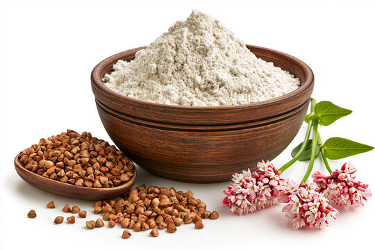 Buckwheat Flour and Buckwheat Seeds isolated on white background