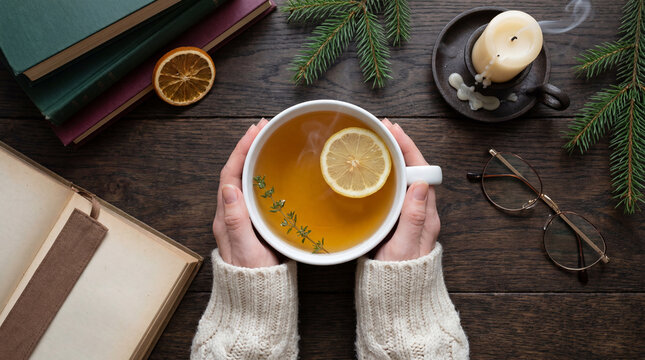 Hands holding hot herbal tea beside books and candle on rustic table
