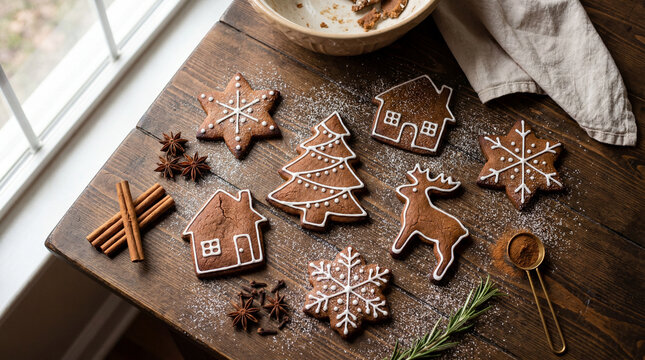 Decorated gingerbread cookies on rustic wooden table with holiday spices