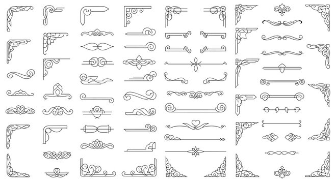 Extensive grid of vintage calligraphic corner and divider elements in black line art for classic document and border decoration.