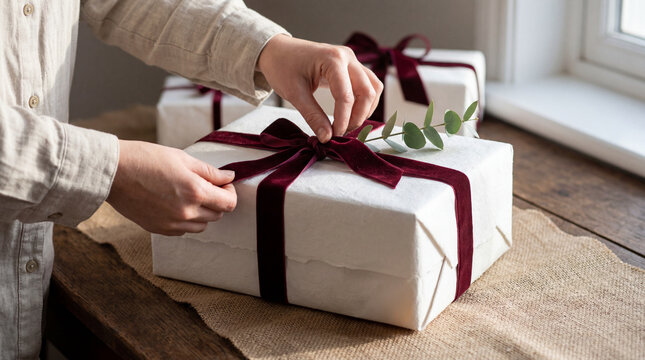 Hands tying velvet ribbon on wrapped Christmas gift by window