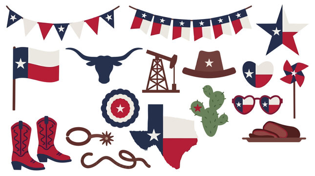 Texas state symbols and icons set, lone star flag vector collection, western cowboy culture elements for southern travel and rodeo design
