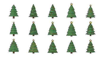 Obraz premium Large collection of diverse christmas tree icons with different decorations styles and stars for festive holiday graphic design projects.