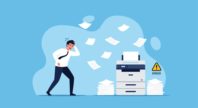 Frustrated office employee facing technical difficulties with a broken printer throwing paper everywhere in a blue room.