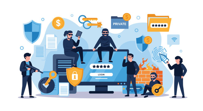 Detailed cyber security concept illustration showing hackers attacking a computer and various protective security icons.