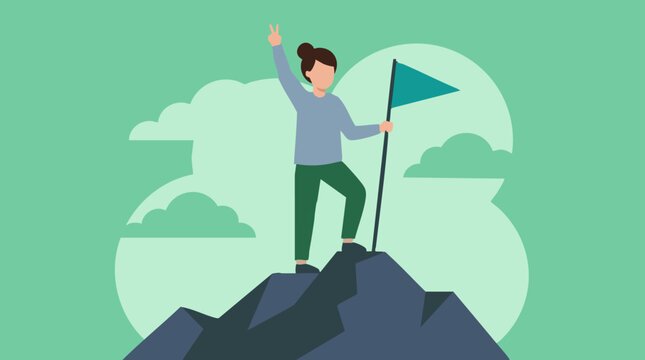 Person celebrates success on mountain peak, holding flag with victory gesture