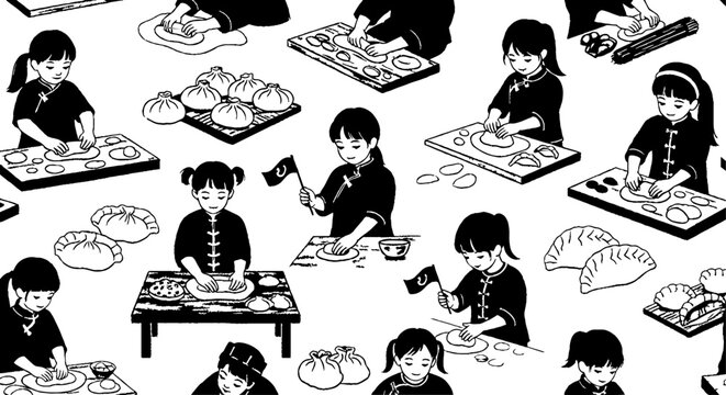 Children making traditional dumplings in repetitive artistic pattern.
