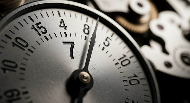 Clock face with hands detailed metallic photography with shallow depth of field