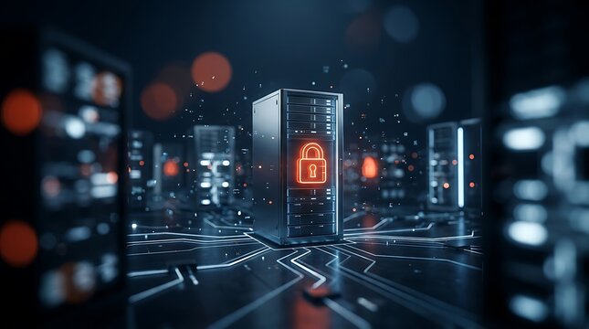 Digital secure server rack with glowing padlock icon, representing data protection and cybersecurity in a futuristic data center.