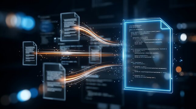 Digital data streams flowing between illuminated code documents in a dark, futuristic abstract digital network environment