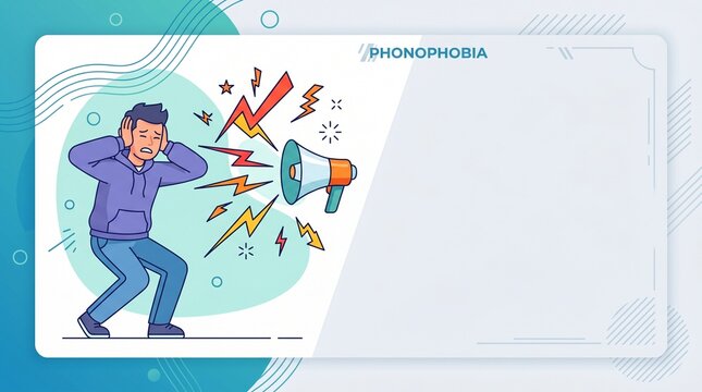 Phonophobia illustration of a man covering his ears from a loud megaphone noise
