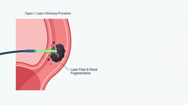 Medical illustration of laser lithotripsy for kidney stone removal