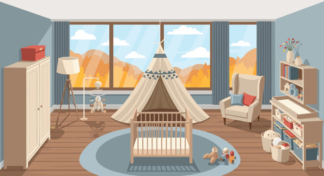 Cozy nursery room interior with a baby crib armchair teepee tent and large window overlooking an autumn mountain landscape.