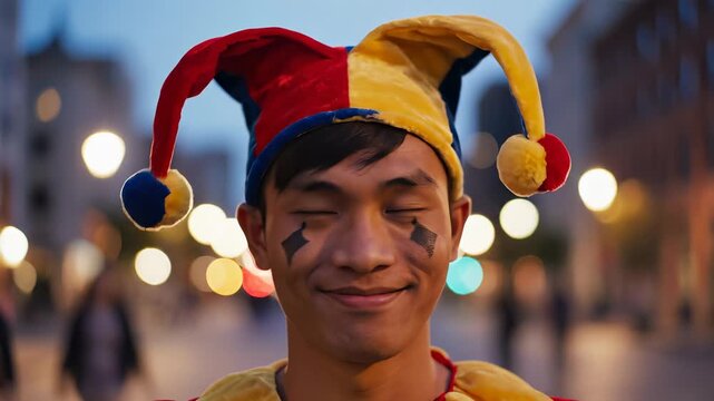 Cheerful clown performer smiles in vibrant costume. Street festival atmosphere creates joyful mood. Colorful lights enhance excitement and celebration.