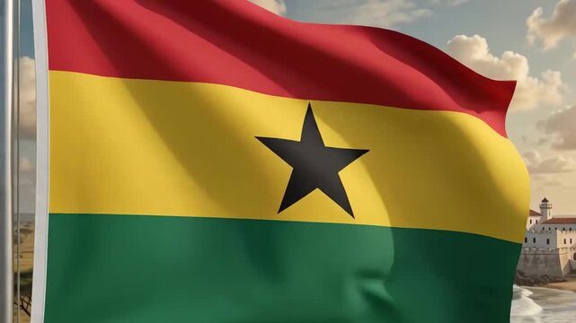 Red, yellow, and green ghana flag with the black star, under a sky with clouds, creates a light and airy atmosphere. Suitable for editorial articles, travel websites, or cultural diversity content.