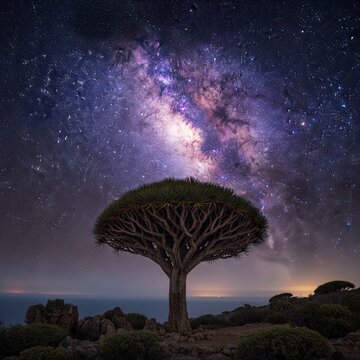 Dragon blood tree under bright Milky Way galaxy night sky