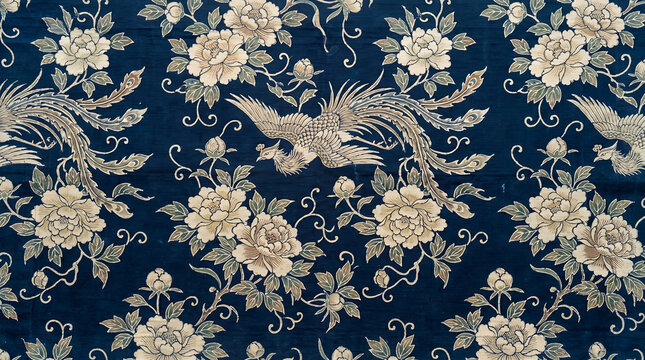 Traditional chinese silk fabric pattern with phoenix and peonies