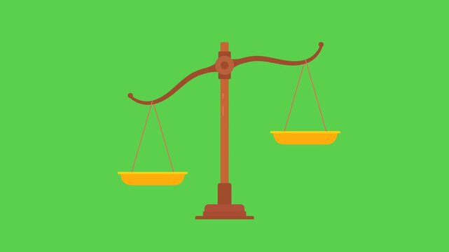 4K motion graphic swinging justice scale with alpha mate. 2D cartoon animation of Courtroom symbol on green screen. Fairness, law, equality and legal judgment. Swaying weight comparison.