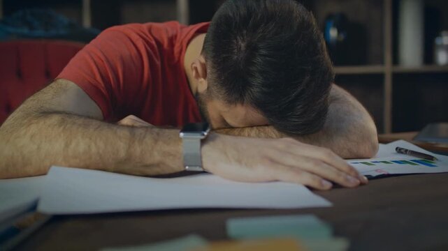 Sleep tired business man exhausted male businessman napping at workplace overwork close eyes fall asleep in office guy entrepreneur manager burnout boring laptop work sleep lack insomnia. company desk