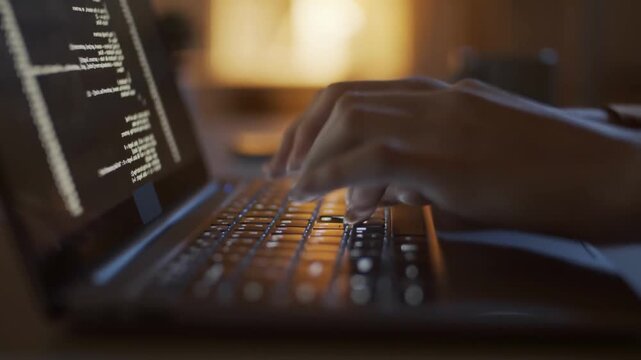 Software developer writes code on laptop screen in office using Java programming languages. Programmer remotely work on fixing database errors from desk. hands typing computer keyboard Hacking hacker