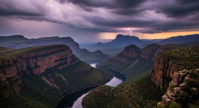 Dramatic view of Blyde River Canyon with a winding river below a dark, stormy purple sky with a lightning bolt striking a distant mountain