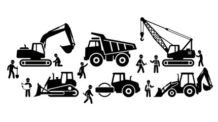 Construction Vehicles and Workers Icon Set © Gozel