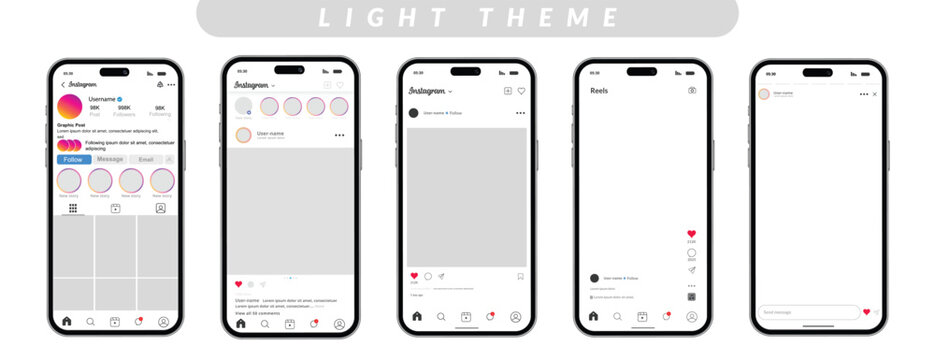 Instagram social media mobile app mockup light theme ui kit Profile, post reels, feed, post, 