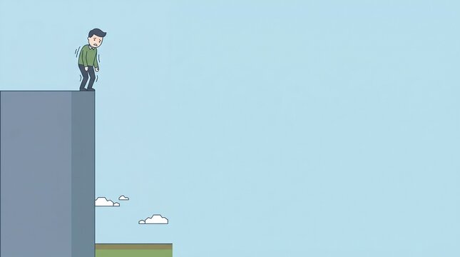 Scared Man Standing on Edge of Cliff Minimalist Flat Vector Illustration