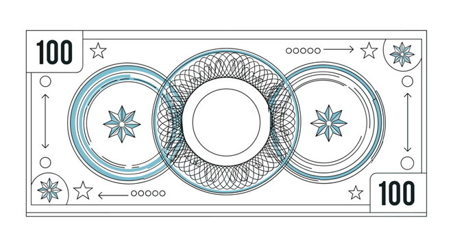 Technical blueprint illustration of a one hundred unit banknote with complex geometric patterns and security symbols.