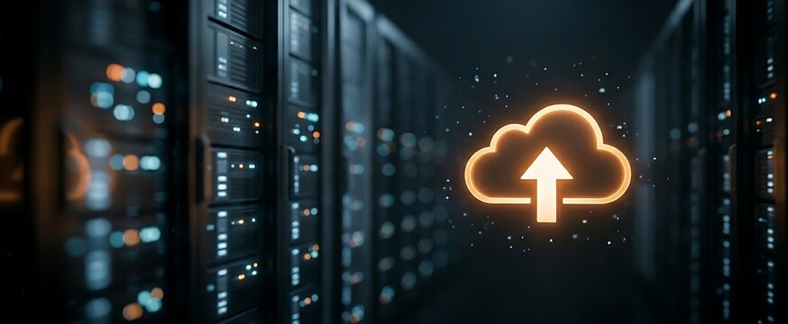 Data uploading to a glowing orange cloud icon above a server rack in a dark data center room with blurred lights, representing digital technology and cloud computing.