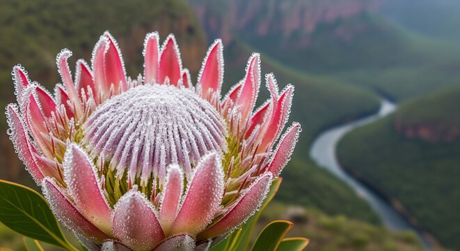 A beautiful fully open pink king protea flower with dew drops on its petals, showcasing a winding river valley and green mountains in the soft-focus background.